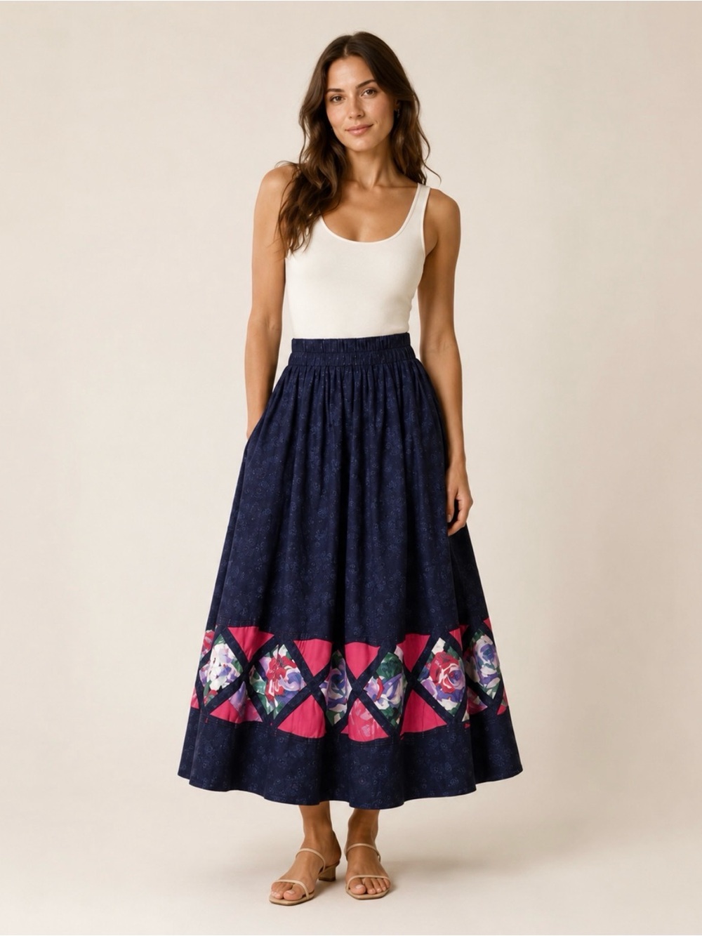 Vintage Vicki Lynn Bardon / Suttles & Seawinds Navy Patchwork Floral Maxi Skirt